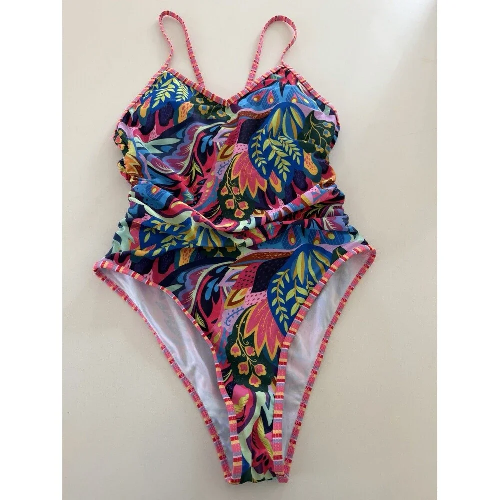 Women's One Piece Swimsuit Abstract Print Spaghetti Straps Cut out multicolor M